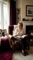 Senior Caucasian woman reading book in cozy living room armchair by fireplace with family photos and warm burgundy decor creating comfortable home atmosphere.