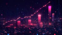 Futuristic financial graph showing upward trend with glowing pink bar charts against dark cityscape background, digital data visualization with neon elements.