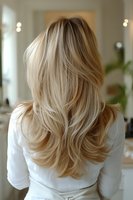 Blonde layered hairstyle from back view showing long wavy hair with highlights and natural movement on woman wearing white top in salon setting with soft lighting.