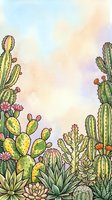 Watercolor illustration of desert cacti and succulents with pink flowers arranged on left and right sides, featuring prickly pear, columnar, and barrel varieties against soft pastel sky background. Isolated botanical artwork suitable for stationery, textiles, and home decor design projects.