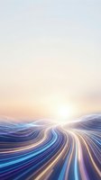 Abstract flowing light trails create dynamic waves with glowing streaks in blue, purple and gold tones against soft gradient sky for digital backgrounds.