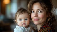 Young Caucasian mother with brown hair holding adorable baby in floral dress, both smiling warmly at camera. Soft natural lighting creates intimate family portrait mood.