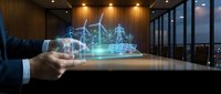 Businessman hand holding digital hologram of industrial factory with energy infrastructure and production technology for manufacturing and logistics concepts.