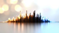 Futuristic cityscape silhouette with glowing lights reflecting on water surface, modern urban skyline in sunset colors creating abstract architectural panorama.
