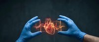 Medical professional hands in blue gloves protecting glowing heart organ with cardiology healthcare concept for prevention and treatment applications.