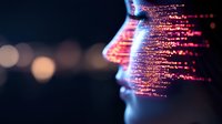 Profile silhouette with digital particle effect streaming from face, glowing pink and blue technological transformation concept showing artificial intelligence.