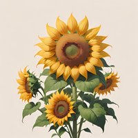 Vibrant sunflowers with detailed petals and green leaves on neutral background, botanical art style illustration for nature-inspired home decor and stationery design.