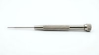 Professional stainless steel awl tool with textured grip handle isolated on white background for crafting and leatherwork projects.
