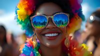 Young African American woman with rainbow afro wig and glitter sunglasses reflecting city skyline smiles during summer festival celebration, expressing joy and pride.