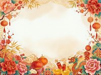 Lunar new year celebration frame with red peonies, lanterns, and gold ornaments on cream background, isolated for greeting cards and festive designs.