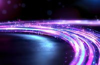 Glowing curved light trails with purple and blue neon streaks against dark background create dynamic motion effect, suitable for technology concepts.