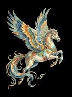 Ornate winged horse with intricate decorative patterns in teal, gold, and orange tones, isolated on transparent background. Ready for t-shirts, stickers, clipart, and print-on-demand designs.