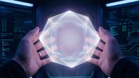 Hands holding glowing geometric orb with futuristic energy core in high-tech digital environment, representing innovation, technology, and artificial intelligence concepts for business and science applications.