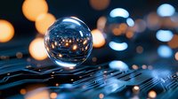 Crystal ball on circuit board reflects glowing orange and blue bokeh lights against dark background, creating futuristic technology concept visualization.