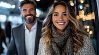 Smiling young woman in cozy knit scarf and man in suit at evening event with bokeh lights background, expressing joy and positive business atmosphere.