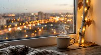 Cozy evening scene with coffee cup and autumn string lights by window overlooking city lights at sunset creating warm atmospheric home decor moment.