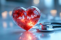 Red glass heart with glowing heartbeat line and medical stethoscope on blue background, healthcare and cardiology concept for medical presentations.