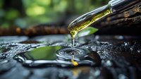 Golden liquid drops falling from glass dropper creating ripple effect on dark wet surface with natural green bokeh background. Aromatherapy and wellness concept.