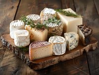Assorted artisanal cheese varieties on rustic wooden board garnished with fresh rosemary sprigs. Gourmet dairy selection includes soft, aged and blue cheese types.