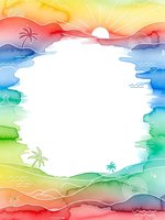 Watercolor tropical frame with palm trees, sunset and ocean waves creating colorful border for summer designs and vacation themed projects.