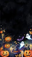 Dark spooky background with carved pumpkins, ghosts, bats, witch hat, candles, autumn leaves and stars for seasonal designs.
