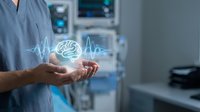Physician in medical scrubs holding glowing brain hologram with heartbeat waveform in hospital setting for healthcare technology and neurology concepts.