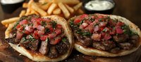 Grilled steak tacos topped with fresh pico de gallo, chopped cilantro and onions served on corn tortillas with golden french fries and dipping sauce on side.
