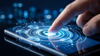 Hand touching smartphone screen with glowing digital spiral interface and network connections for technology and innovation concepts.