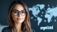 Young mixed race businesswoman wearing glasses smiling confidently in front of world map background, global business concept for leadership and success.