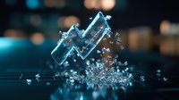 Lightning bolt symbol made of ice shattering into fragments against dark blue background with bokeh lights, representing power and energy.