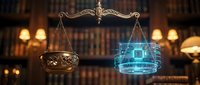 Traditional brass scales of justice balanced with glowing digital hologram in classic law library setting representing legal technology evolution.
