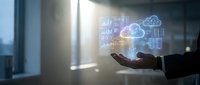 Business professional hand presenting holographic cloud computing technology with data analytics icons in modern office environment for digital transformation.