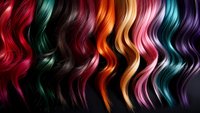 Vibrant wavy strands of multicolored hair showing different dye techniques from red to purple, arranged in parallel waves against dark background for beauty salon promotion.