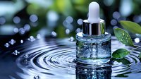 Clear serum dropper bottle with rippling water reflection and green leaves, creating circular waves on dark surface amid sparkling bokeh lights. Natural skincare concept.