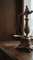 Ornate antique brass scales of justice on a wooden desk, symbolizing law, balance, and legal authority in a classic courtroom setting.