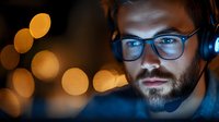 Young bearded man with glasses working late at computer screen with warm bokeh lights creating atmospheric office environment for productivity concepts.