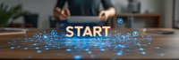 Glowing blue start text with digital particles effect floating over wooden desk surface in office environment, business concept for new beginnings and initiatives.