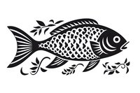 Black silhouette of decorative fish with floral elements and detailed scale pattern, isolated on white background for design projects and creative use.