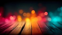 Rustic wooden planks with vibrant blurred bokeh lights in pink, orange and turquoise creating magical atmosphere. Perfect for festive backgrounds and celebrations.