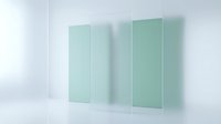 Frosted glass panels with varying opacity levels arranged in a row on white surface, showcasing transparency effects for architectural visualization and interior design projects.