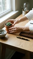 Woman hands holding small succulent plant in terracotta pot on wooden desk with notebook and pen creating peaceful workspace atmosphere for productivity.