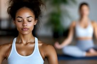 Young African American woman practicing meditation with closed eyes in peaceful yoga studio environment for mindfulness and wellness training.