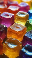 Colorful translucent jelly cubes in vibrant rainbow colors with water droplets and light reflection, macro photography showing texture and shine. Perfect for food design.