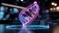 Glowing purple and blue DNA helix structure floating above illuminated platform against dark background with bokeh lights, scientific molecular visualization.