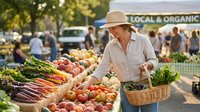Woman in straw hat shopping for fresh produce at farmers market with wicker basket, selecting organic vegetables and fruits from local vendors stall.