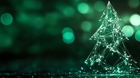 Glowing geometric Christmas tree shape with connected dots and lines against dark background with green bokeh lights, modern holiday technology concept.