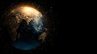 Glowing Earth planet showing Asia and Australia region at night with city lights illuminating continents against dark space background with stars.