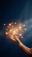 Hand holding glowing network of connected golden spheres against dark blue background, representing digital connectivity, data exchange, technology innovation and business communication solutions.