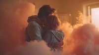 Young couple embracing in dramatic orange smoke cloud indoors creating romantic atmospheric moment for creative projects.
