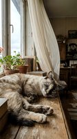 Cozy tabby cat relaxing on wooden windowsill in rustic home interior with flowing curtains and potted plants creating peaceful domestic atmosphere.